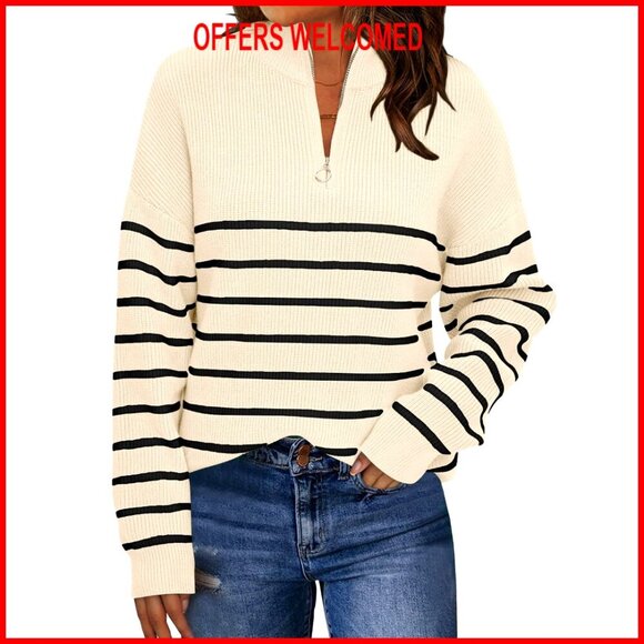 Sweaters - Quarter Zip Striped Oversized Sweater Mock Turtleneck Pullover